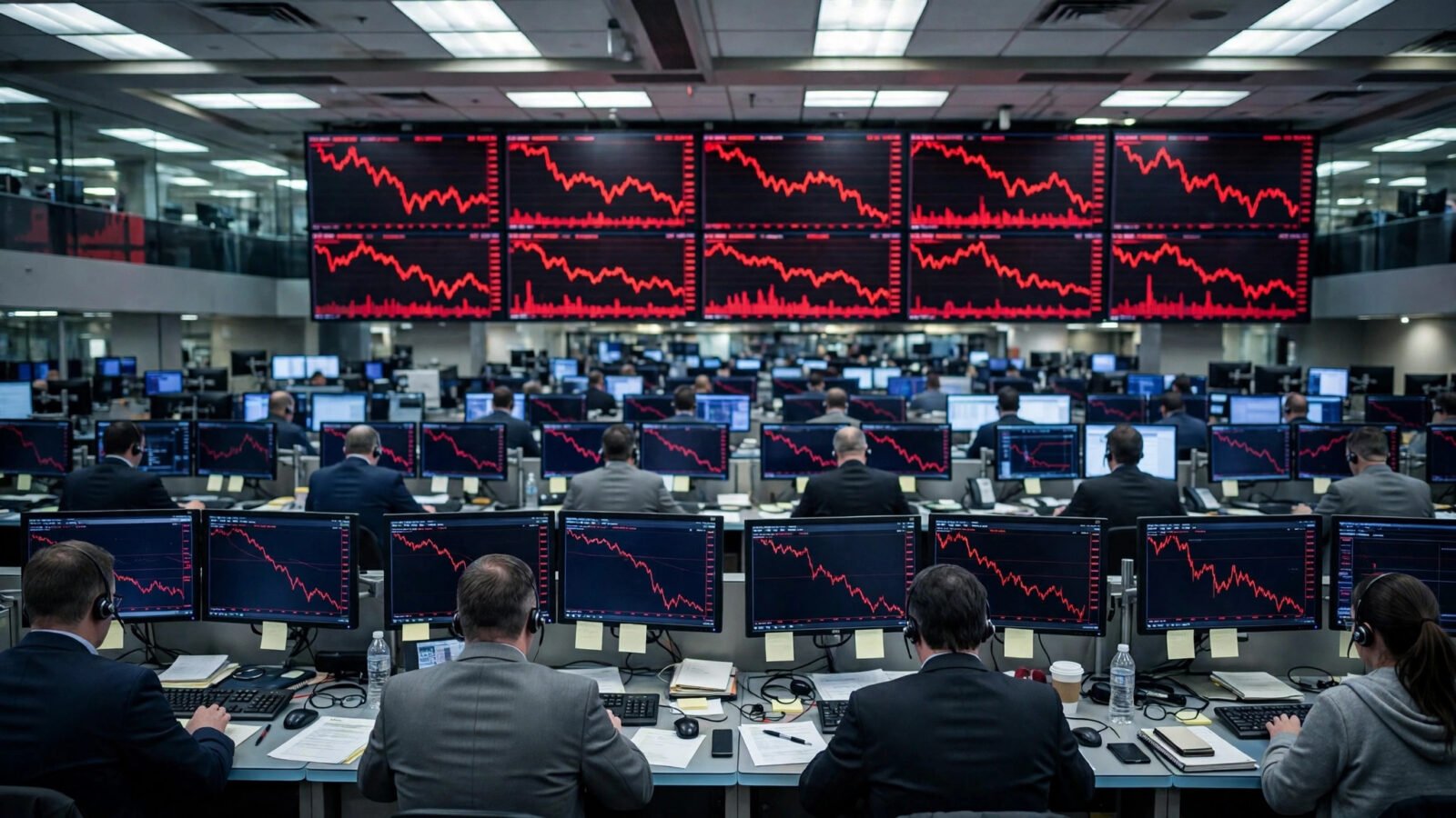 A stock trading floor with large overhead screens showing red declining charts and traders at desks