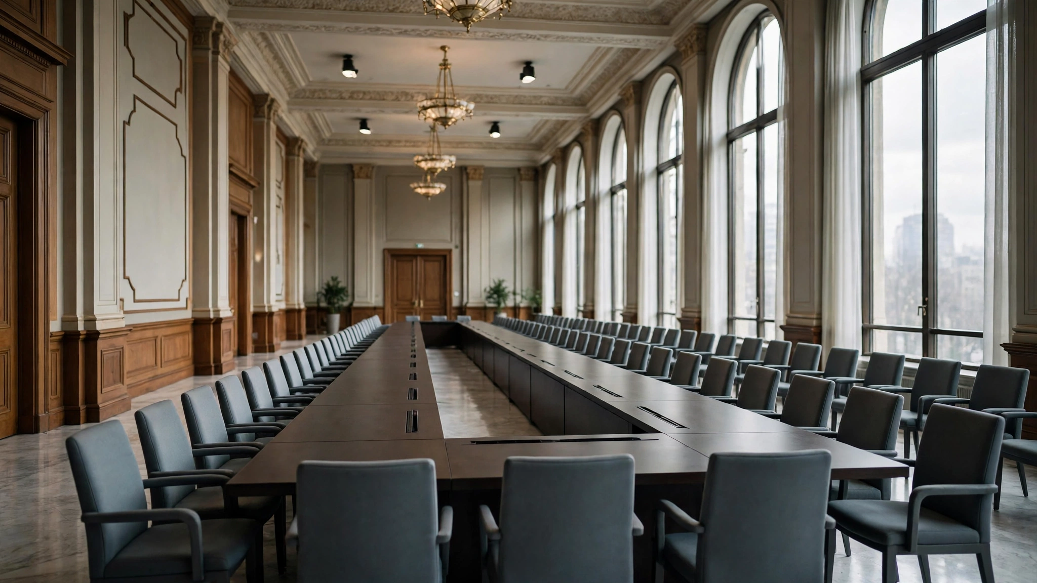 An empty grand conference hall with a long negotiation table and rows of chairs
