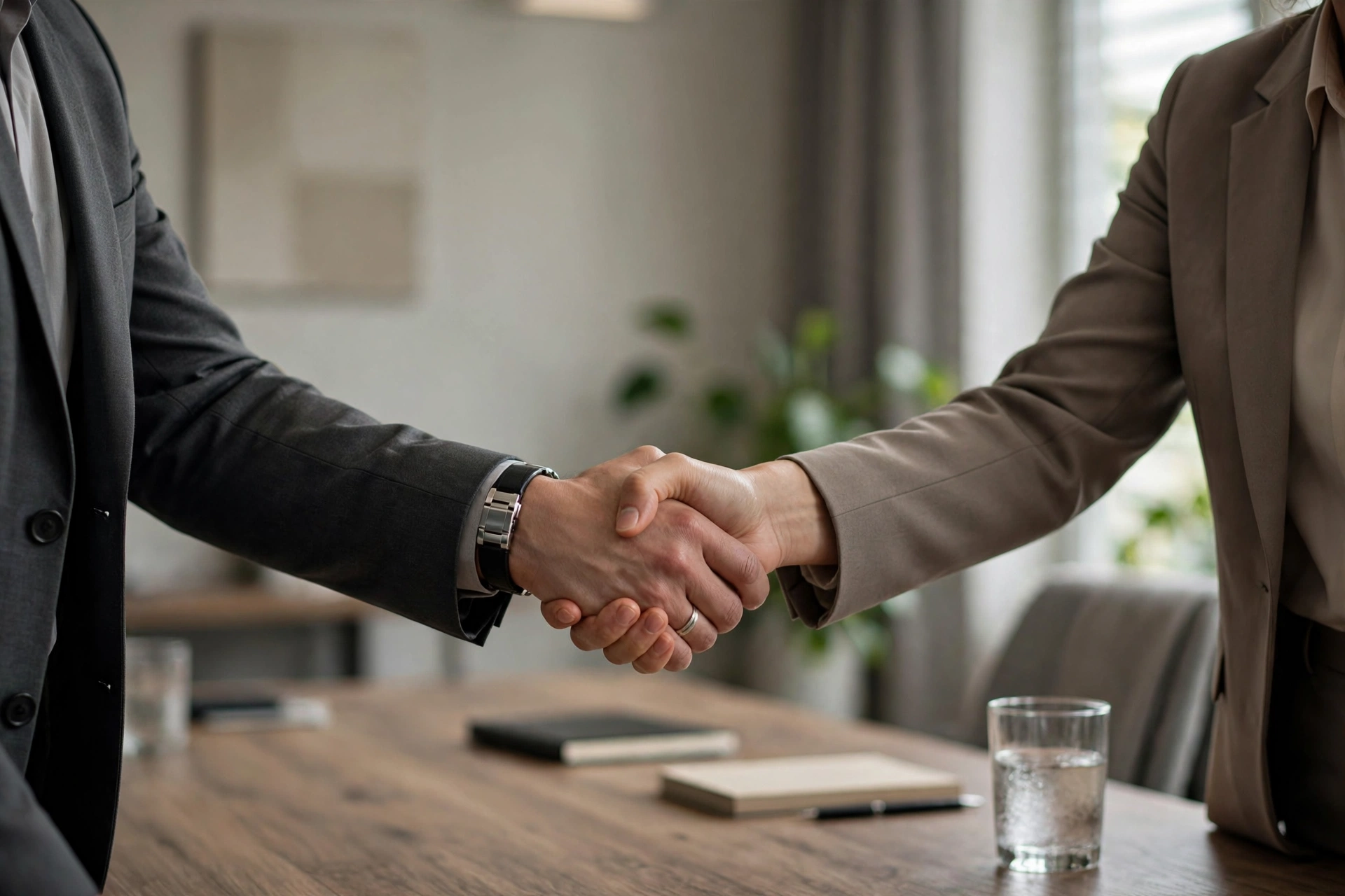 Two people in suits shaking hands in a meeting room, faces not shown.