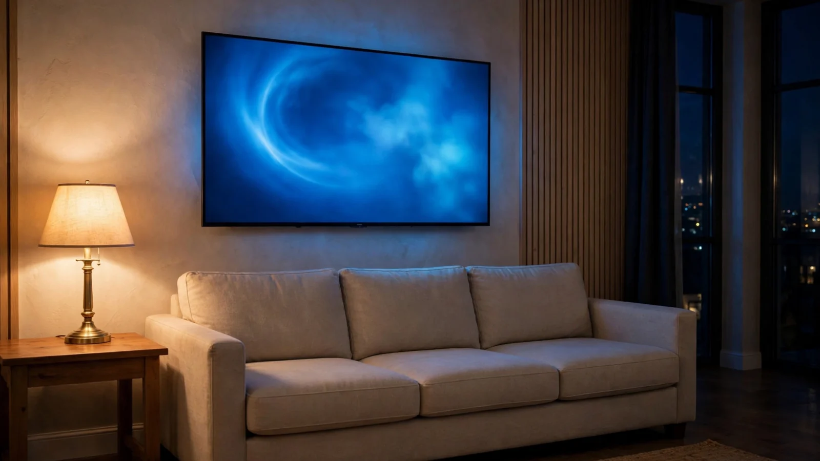 A living room at night with a large flat-screen television glowing blue.