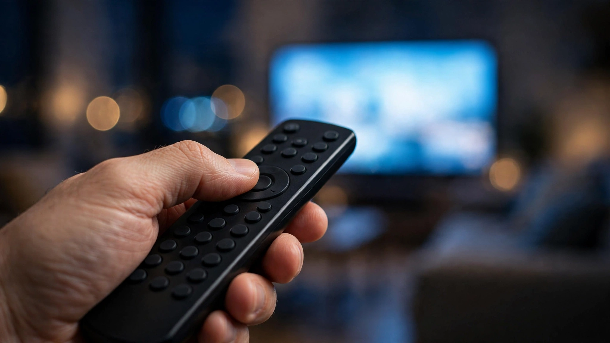 A hand holding a black television remote control toward a glowing screen.