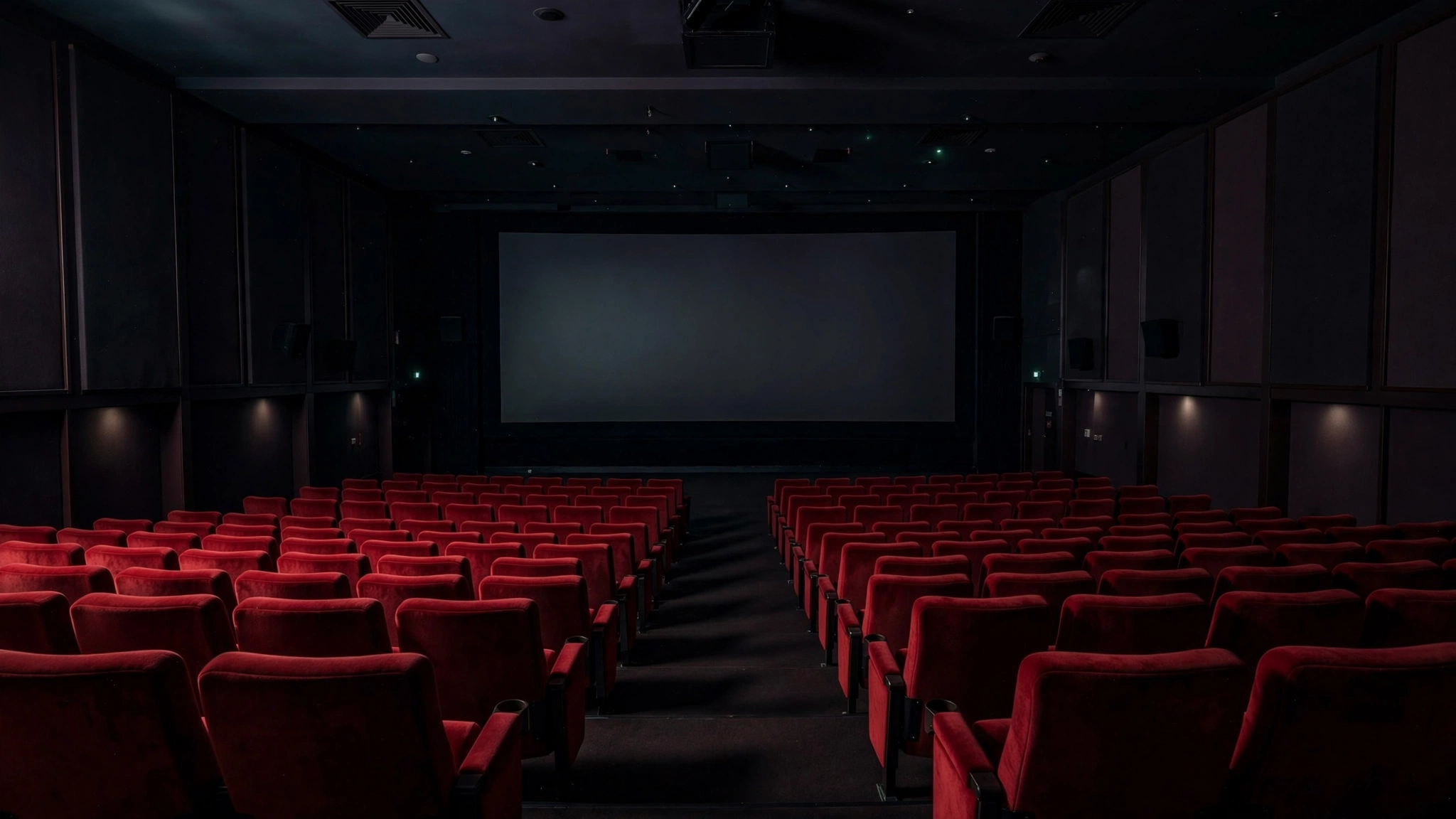 Empty red seats in a dark cinema auditorium facing a blank screen.