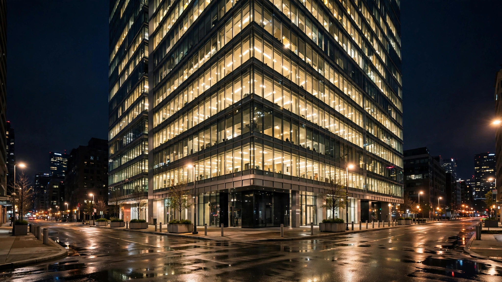 A glass office building with lit windows on a wet street at night.
