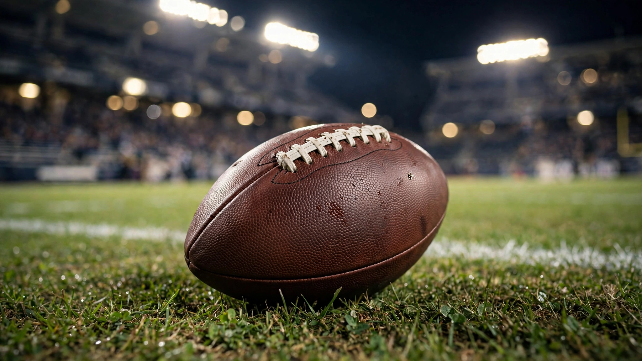 A close-up of an American football on the grass of a field under stadium lights at night