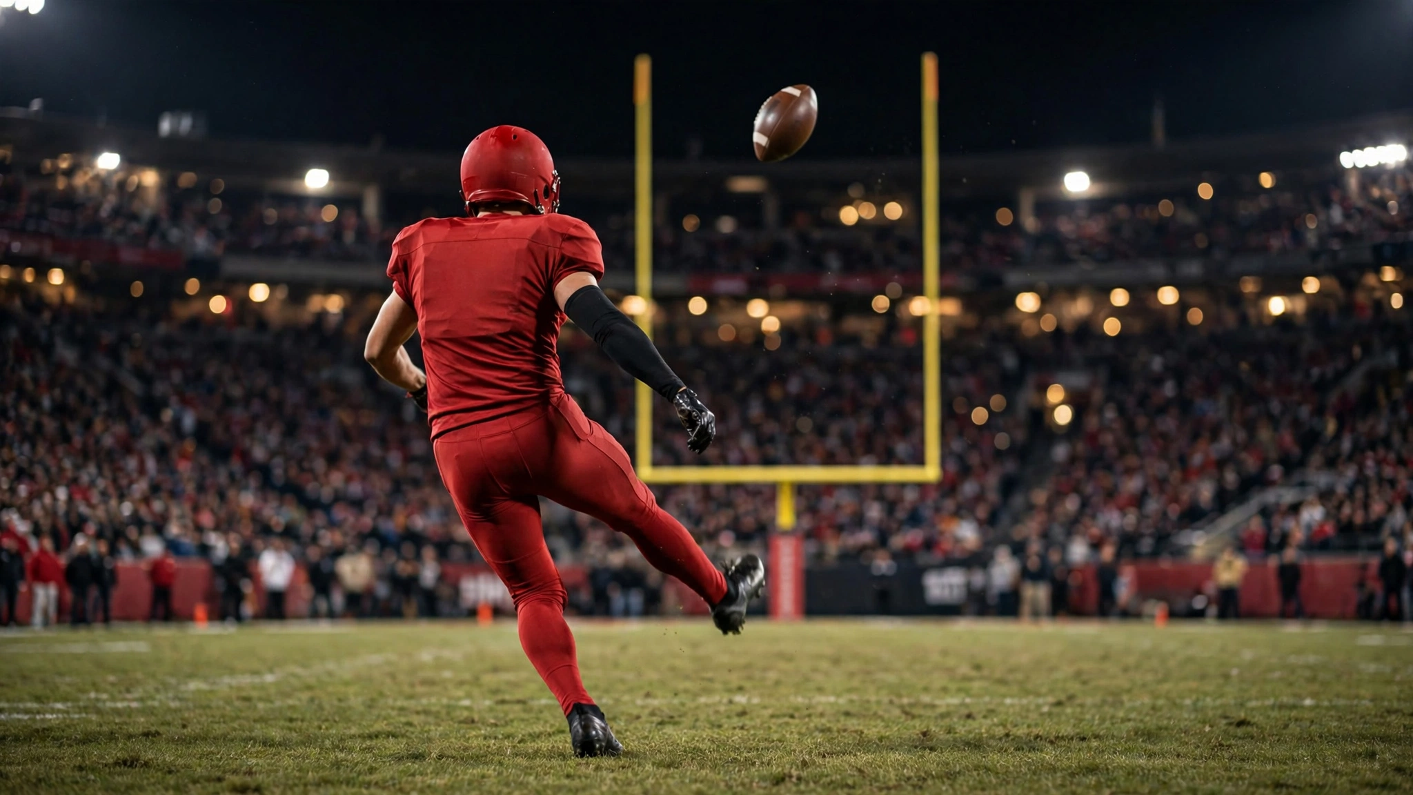 An American football kicker in a red uniform kicking a field goal toward the yellow goalposts at a night game