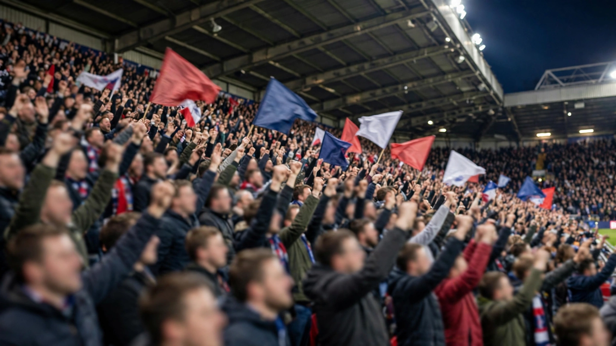 Football fans in a stadium stand cheering with their arms raised during a night game
