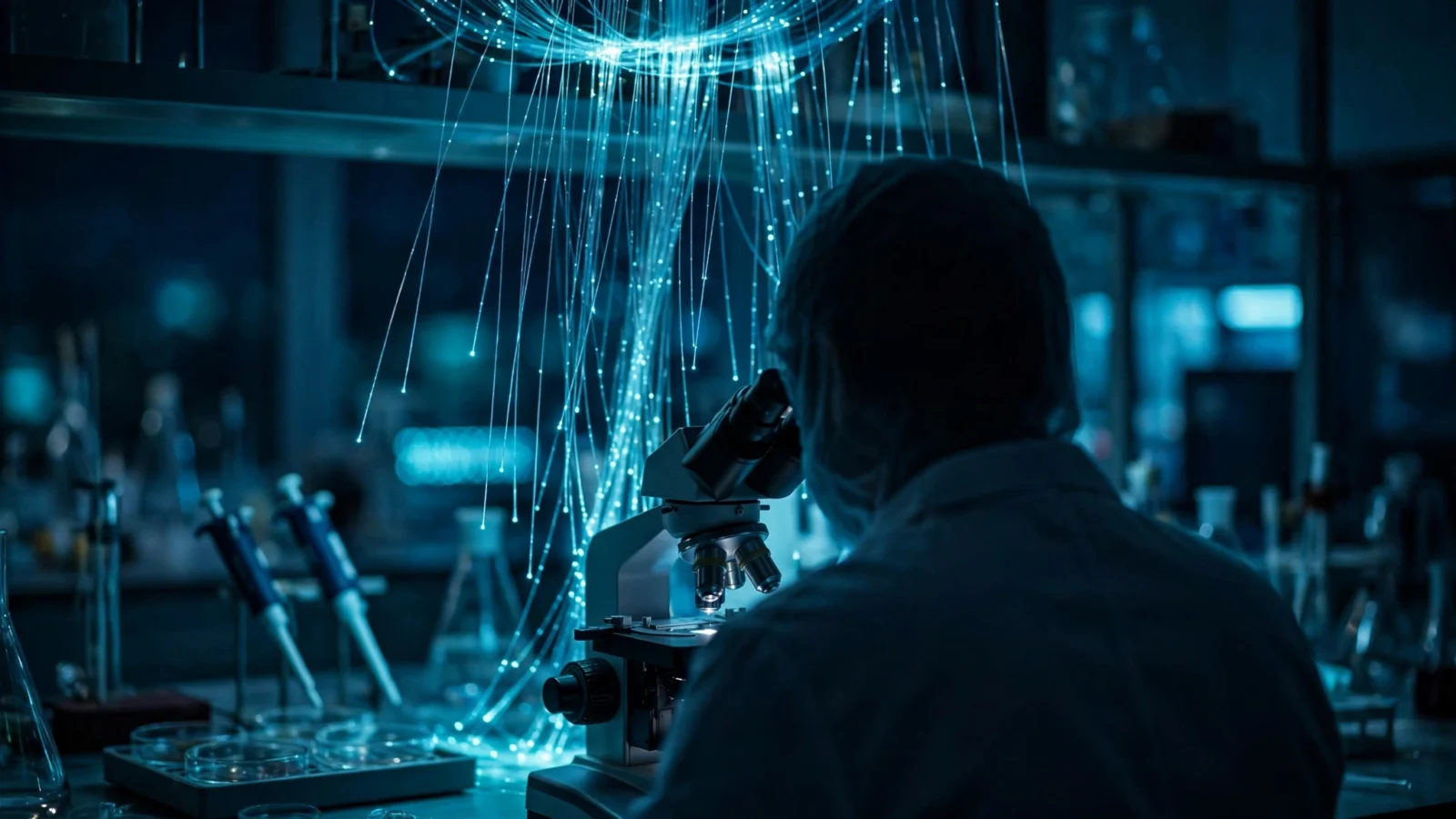 A researcher seen from behind looks through a microscope in a dark neuroscience laboratory while thin fiber-optic strands glow blue overhead, evoking light-based control of nerve cells.
