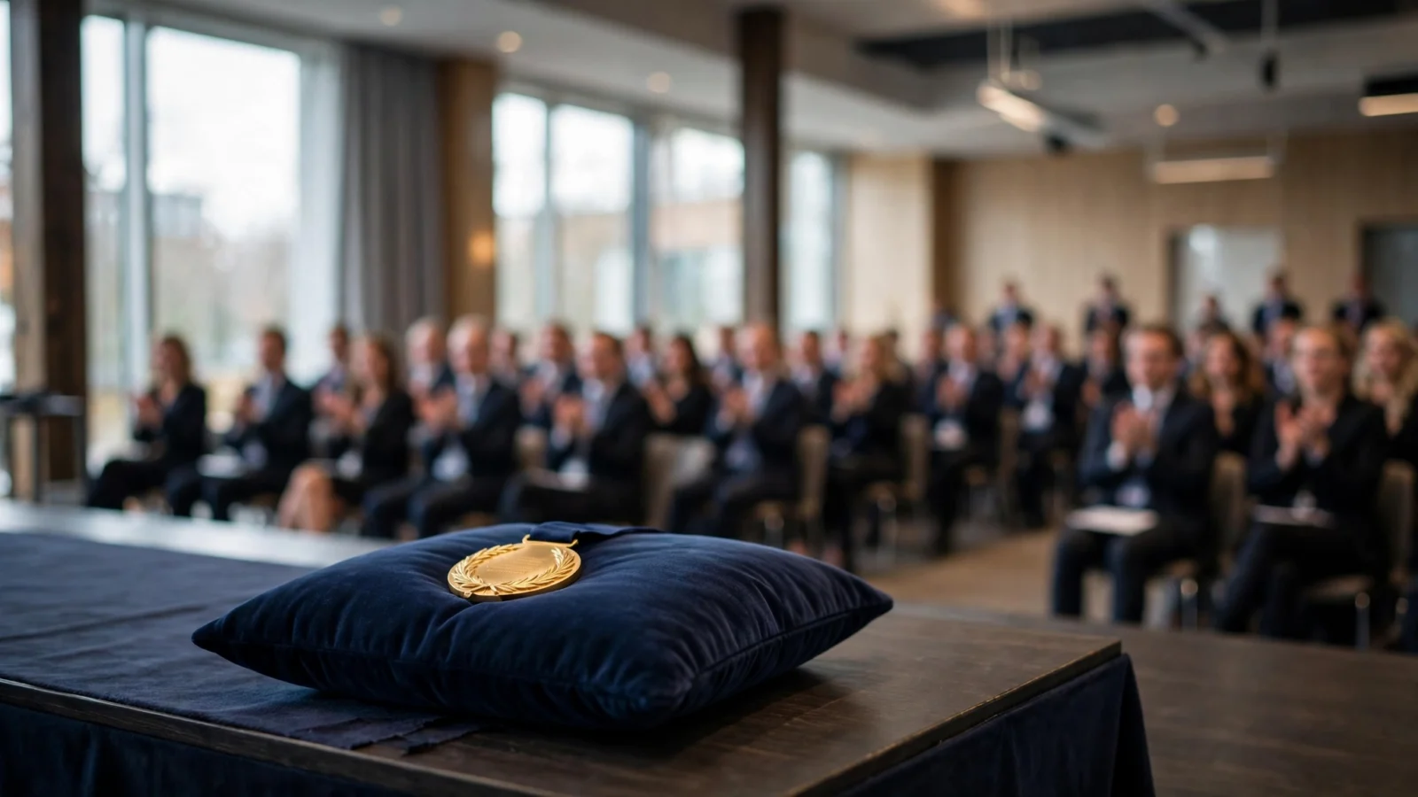 A gold medal rests on a dark blue cushion on a table while a blurred audience applauds in a bright ceremony hall.