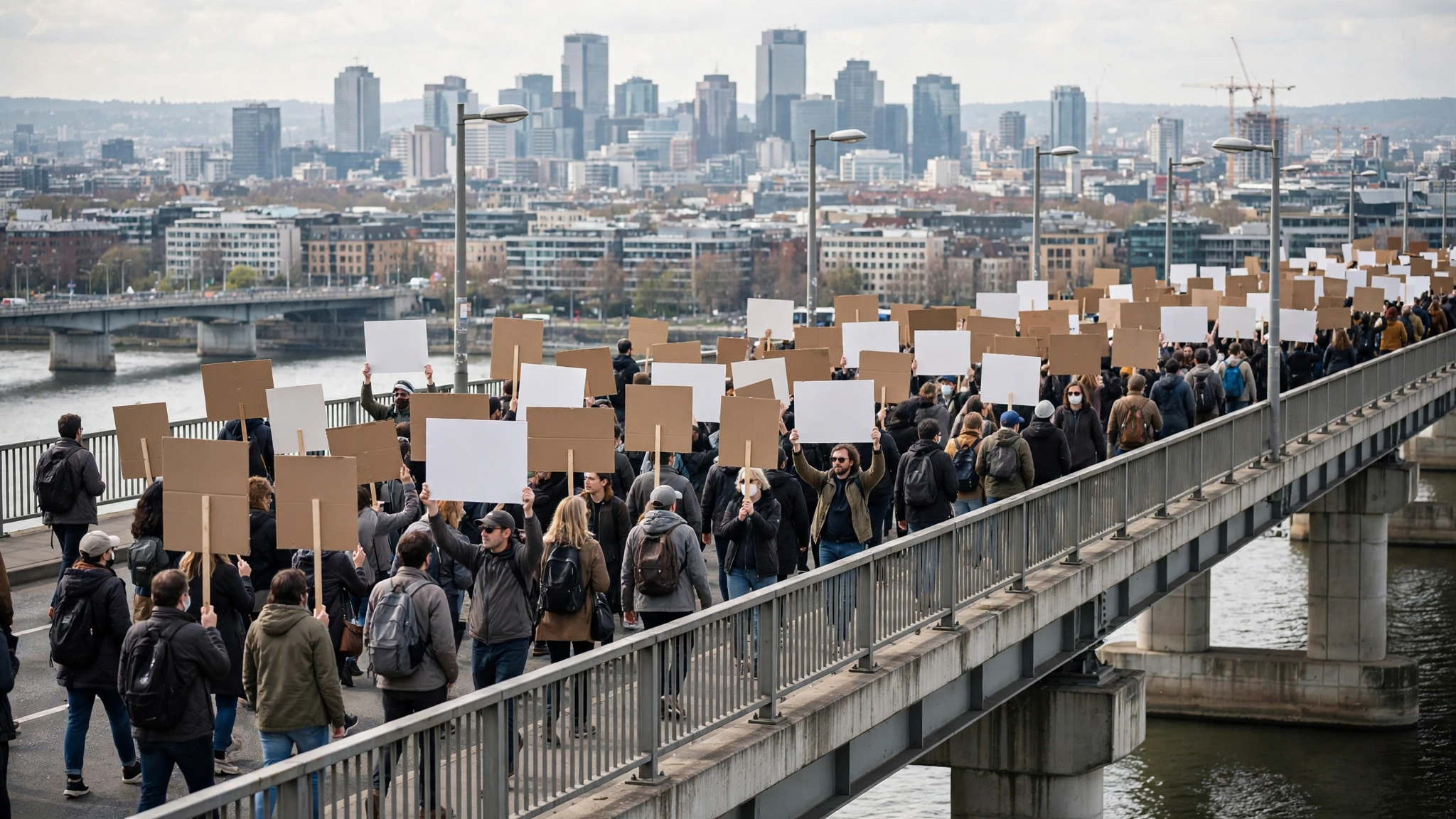 A large crowd of protesters carrying blank signs marches across a city bridge with the skyline behind.