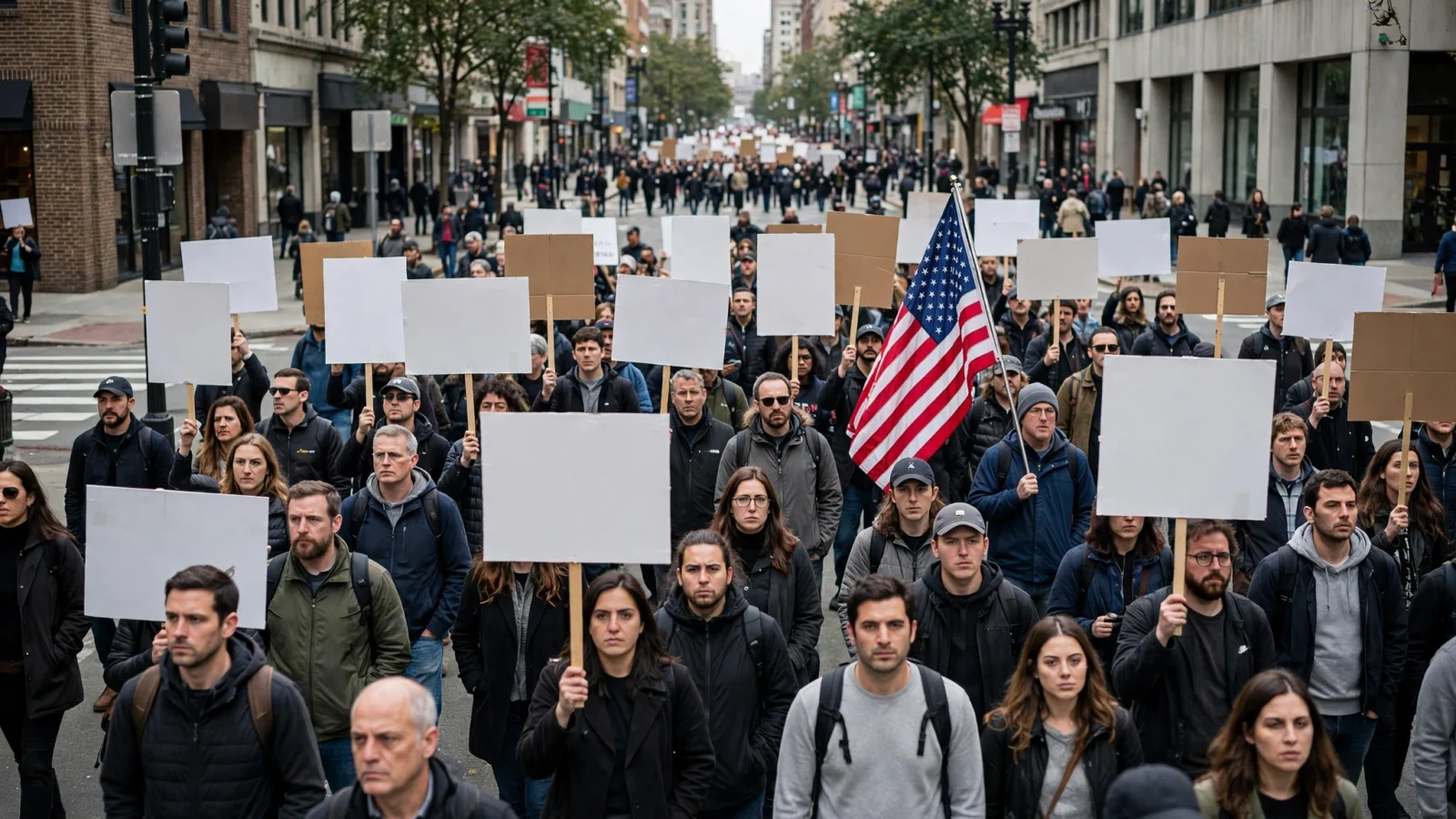 A crowd of protesters holding blank signs marches down a city street, with an American flag visible.