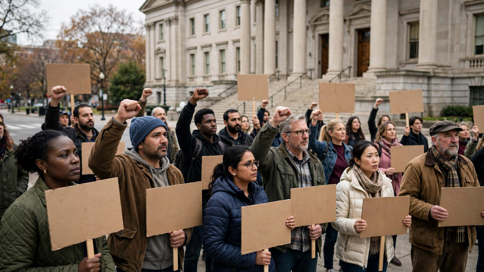 Protesters holding blank cardboard signs raise their fists outside a columned government building.