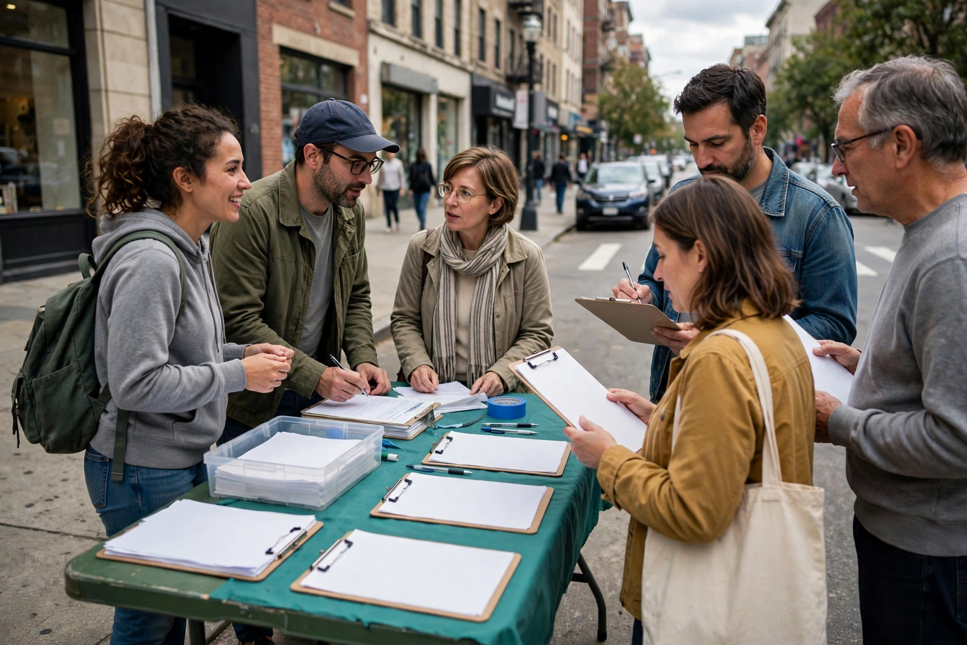 Volunteers at a voter registration table on a sidewalk talk with residents and hand out blank clipboards.