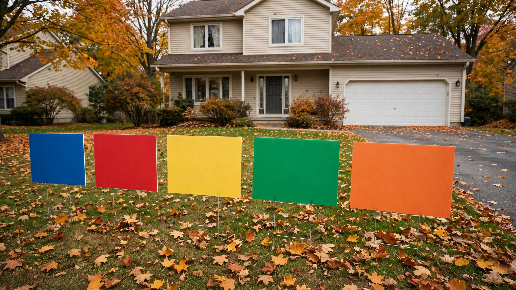 Five blank solid-color yard signs stand in a grassy front yard covered with autumn leaves