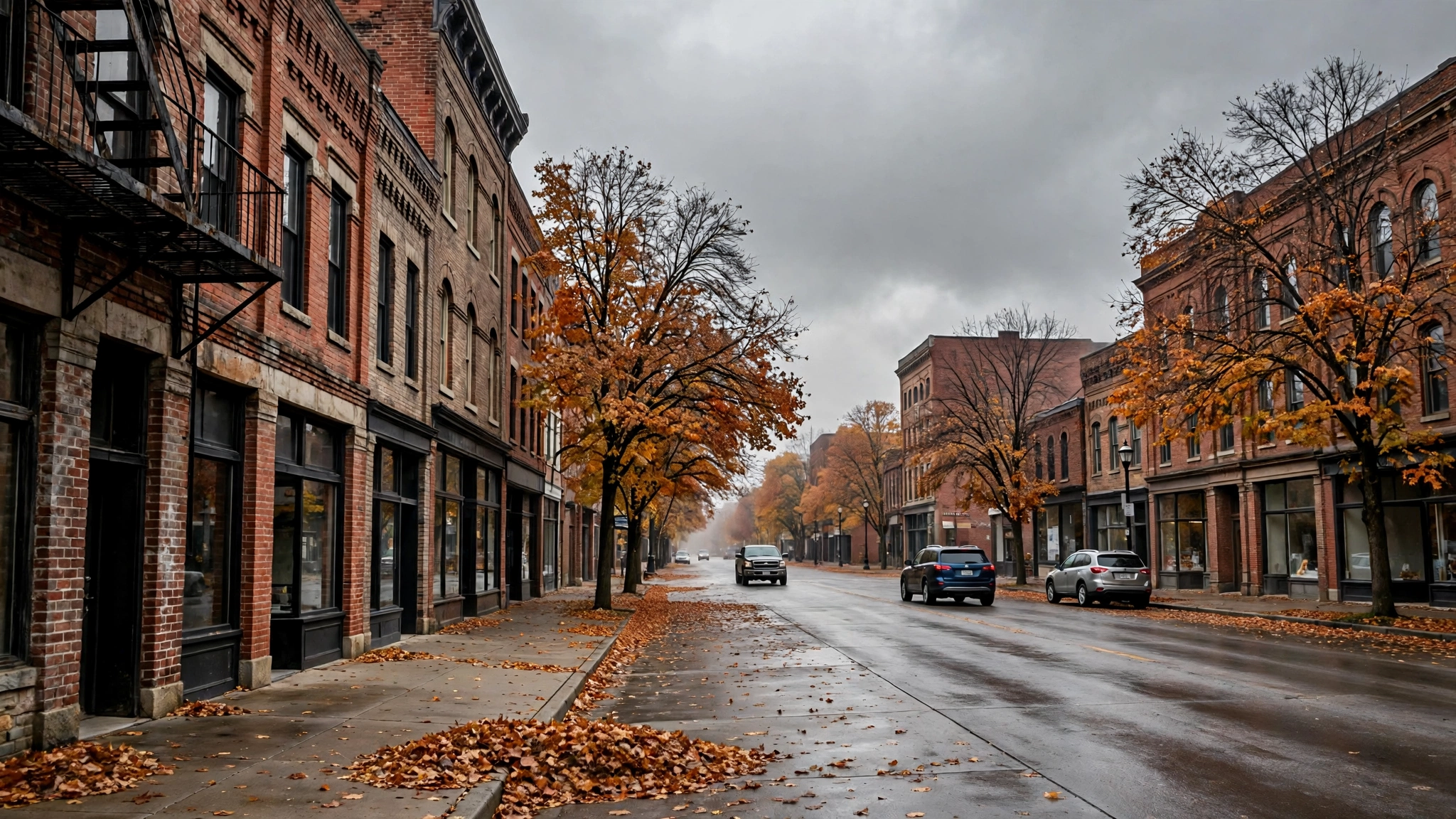 A downtown street lined with brick buildings and autumn trees under a gray sky
