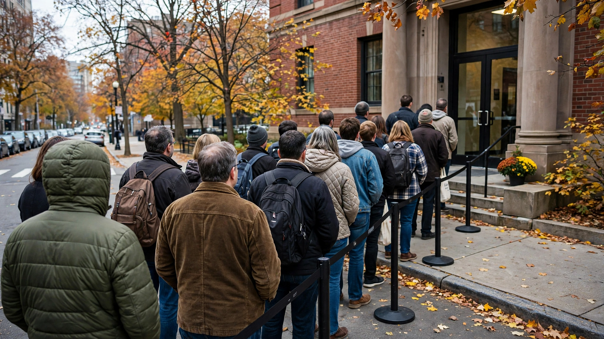 People stand in line outside a brick building entrance on an autumn day