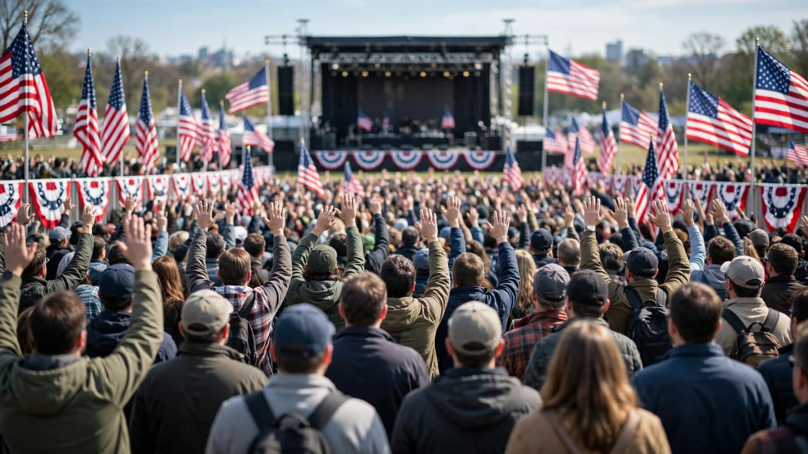 A large crowd with raised hands faces an outdoor rally stage decorated with American flags