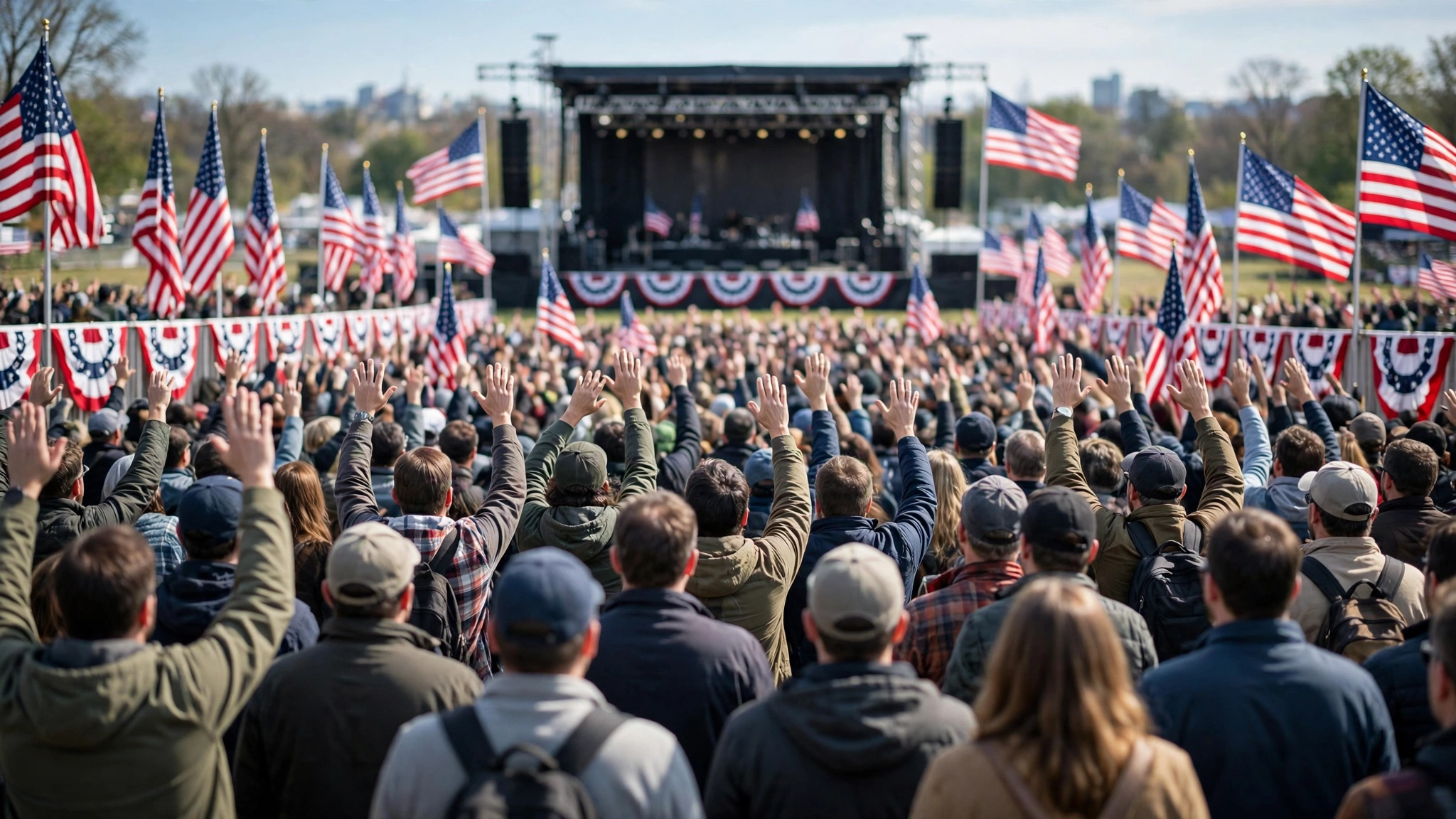 A large crowd with raised hands faces an outdoor rally stage decorated with American flags
