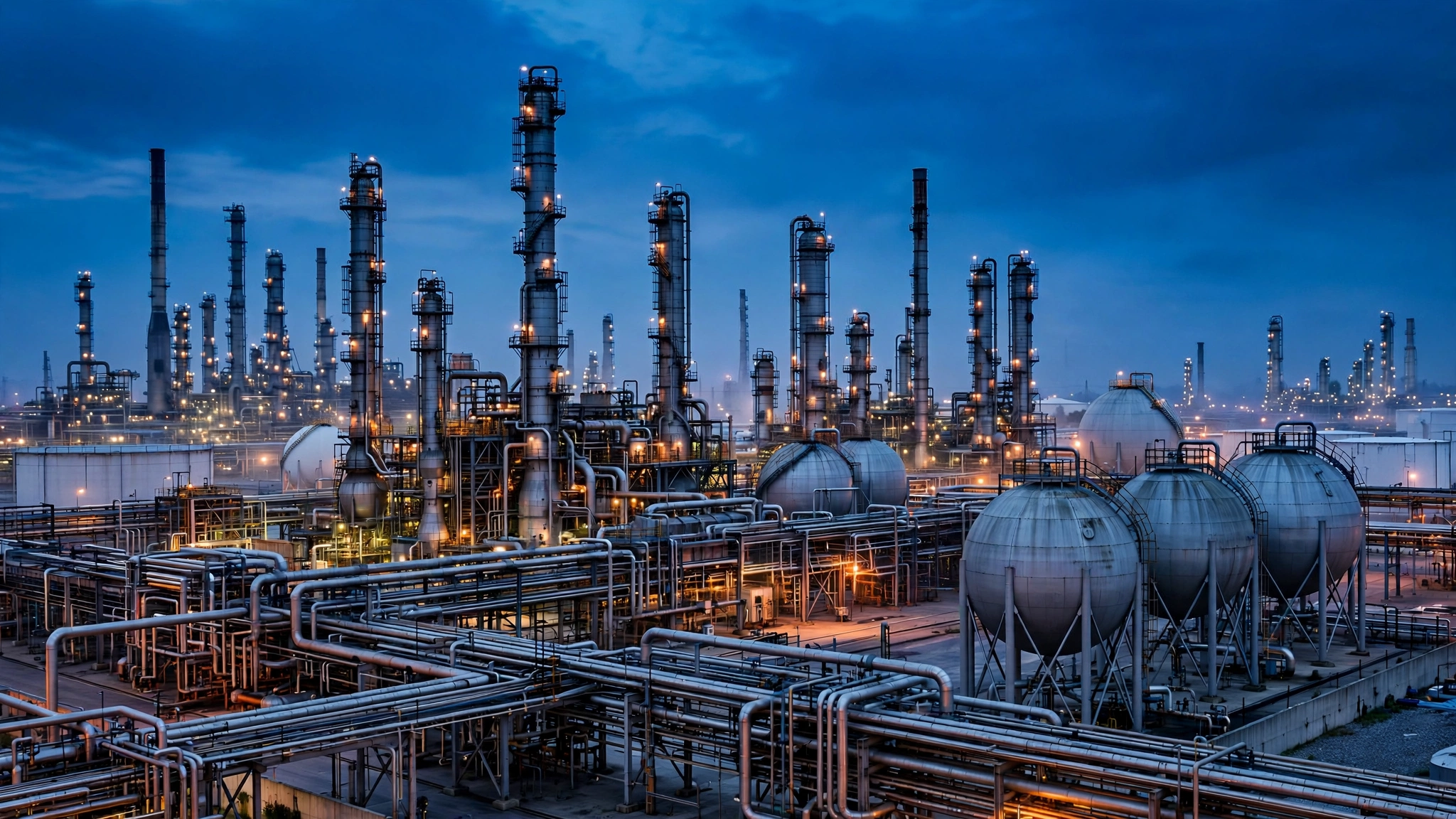 A large oil refinery complex with distillation towers and pipes lit up at dusk