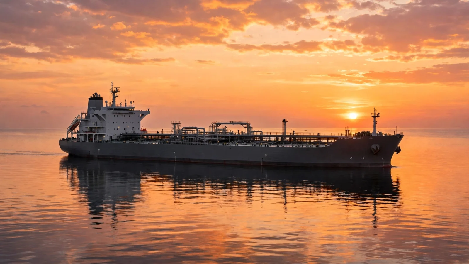 A large oil tanker sailing on calm water at sunset