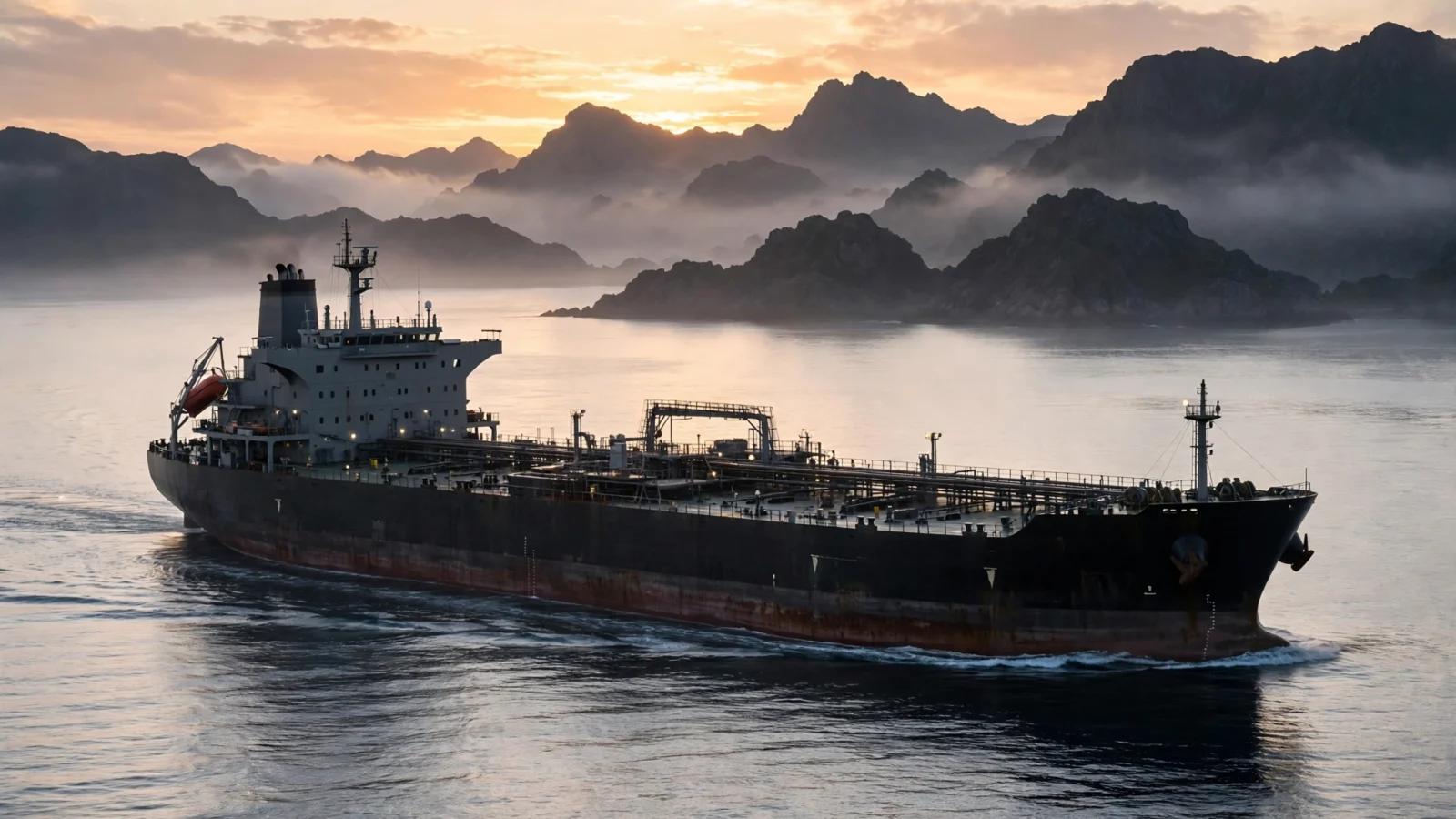 A large oil tanker sailing through calm water at sunrise with mountains on the horizon