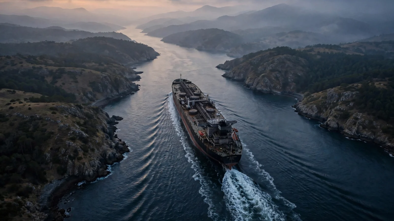 Aerial view of a large crude oil tanker sailing through a narrow strait at dusk