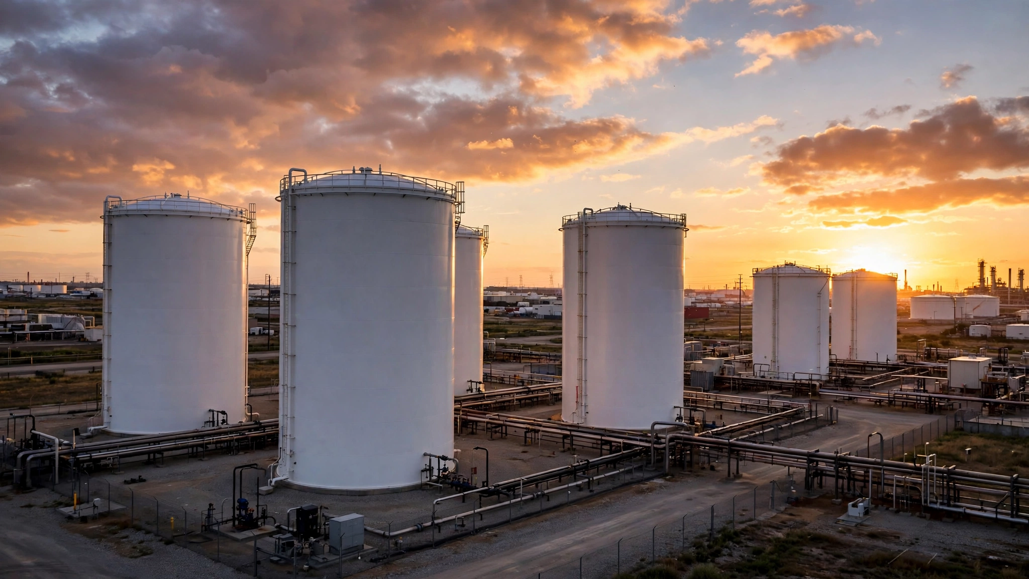 White crude oil storage tanks at an industrial petroleum terminal at sunset