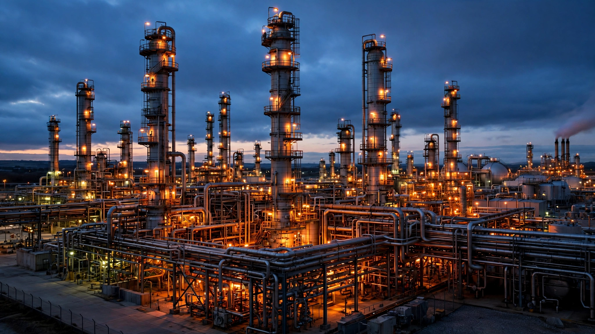 An oil refinery with distillation towers and pipes lit up at dusk