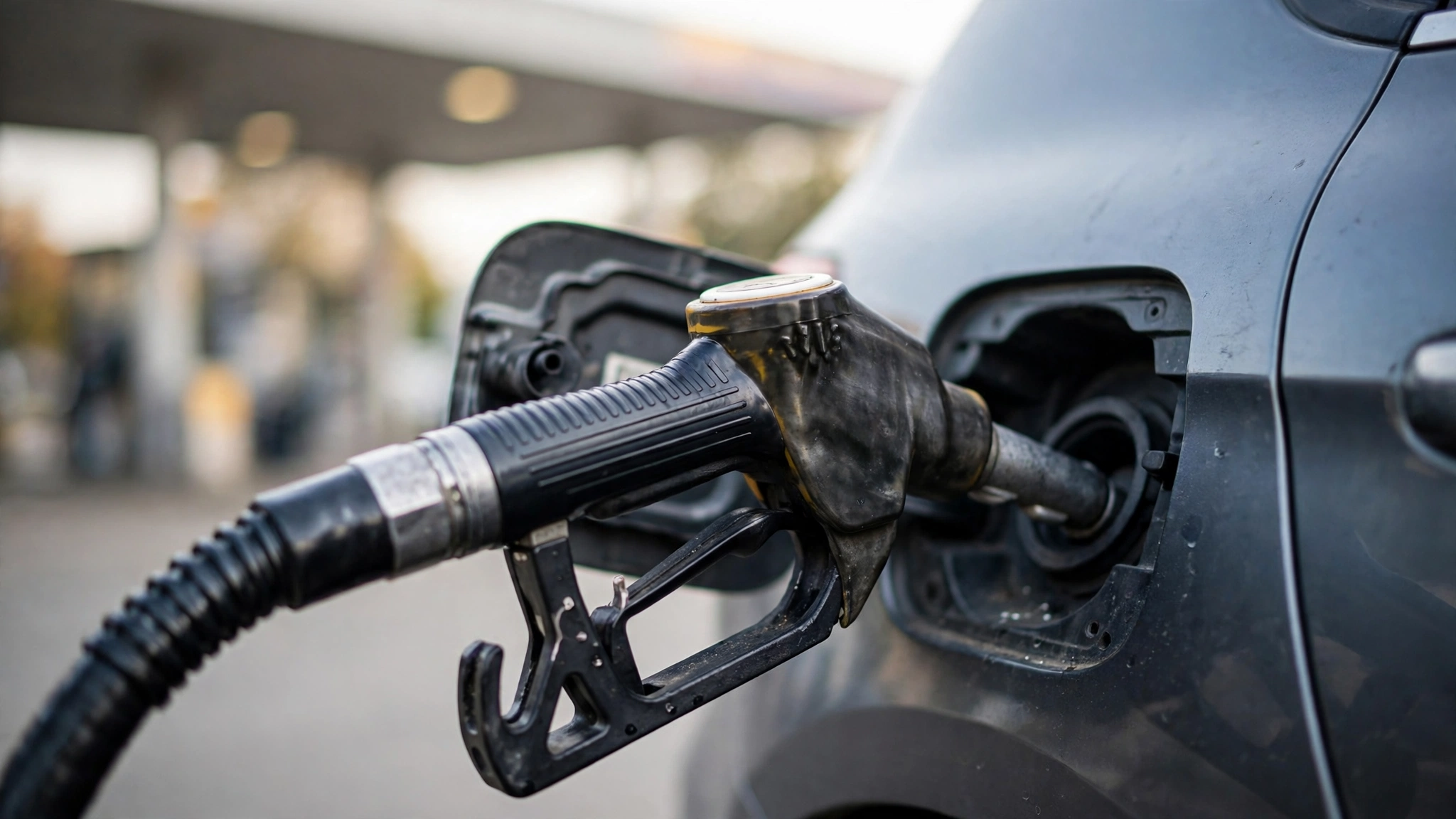 A fuel pump nozzle inserted into a car at a gas station