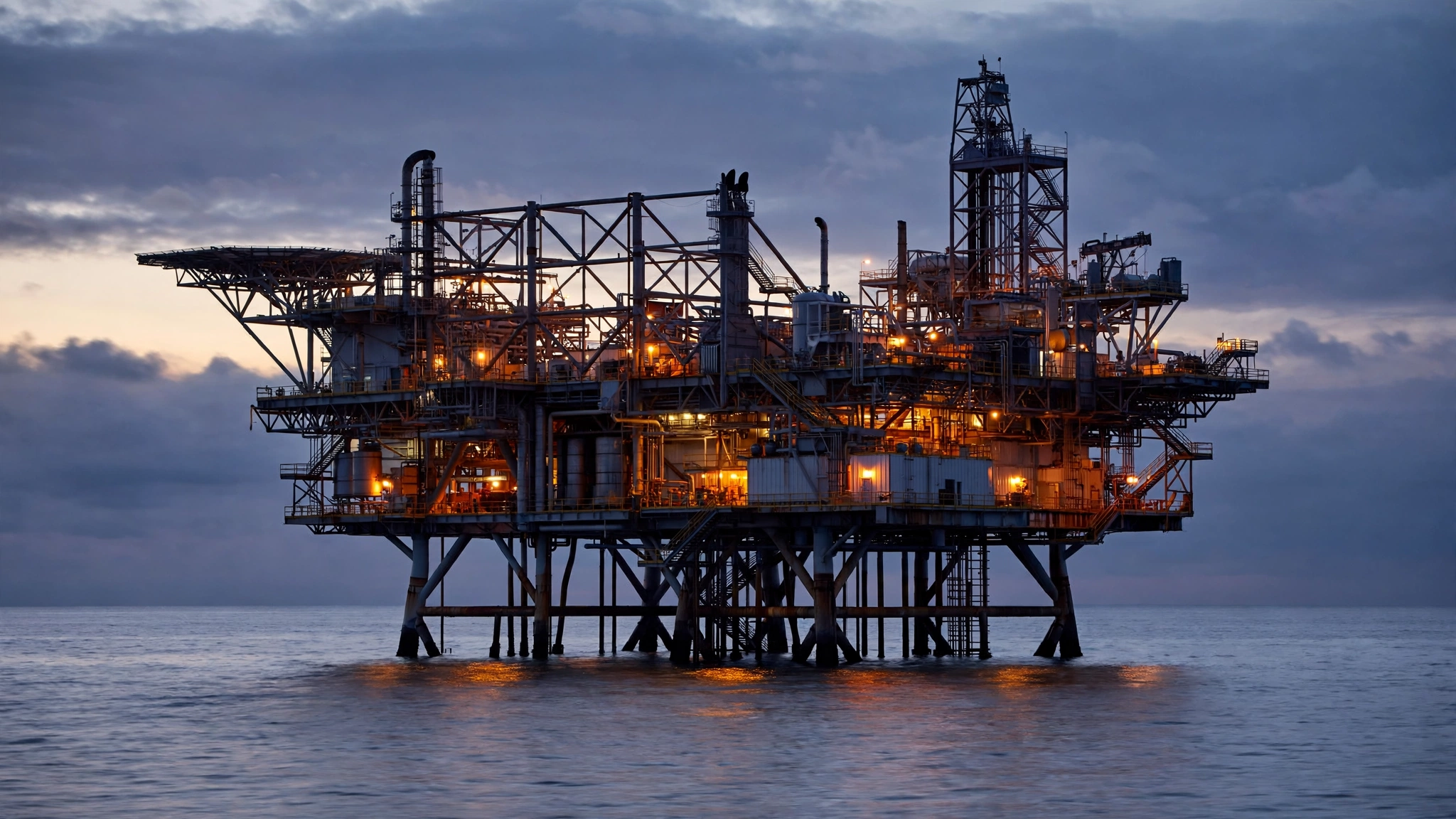 An offshore oil platform at dusk with its lights on
