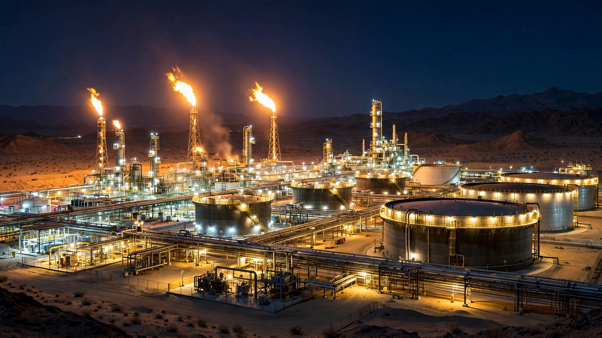 An oil processing plant with flare stacks and storage tanks lit up at night in the desert