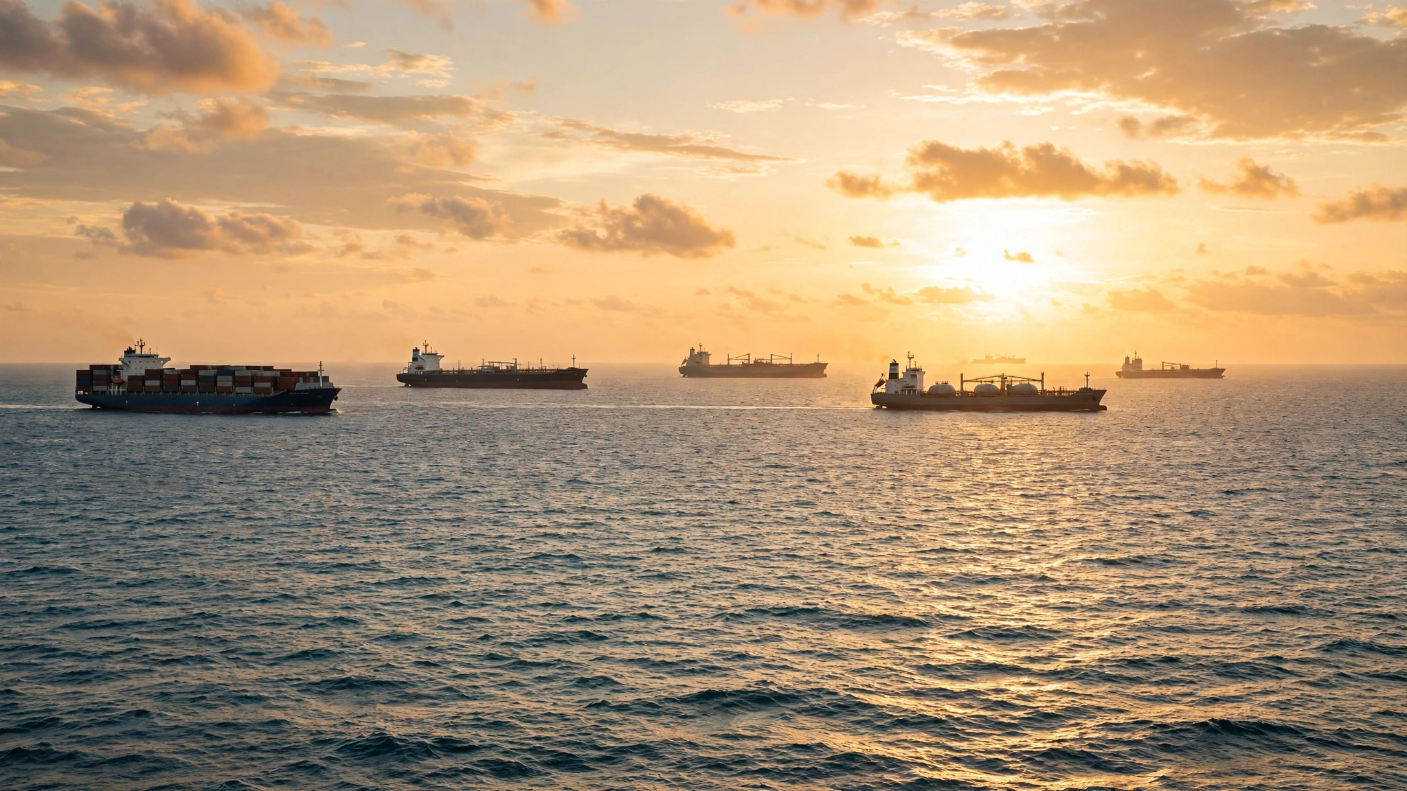 Cargo ships and tankers sailing on the open ocean at golden hour