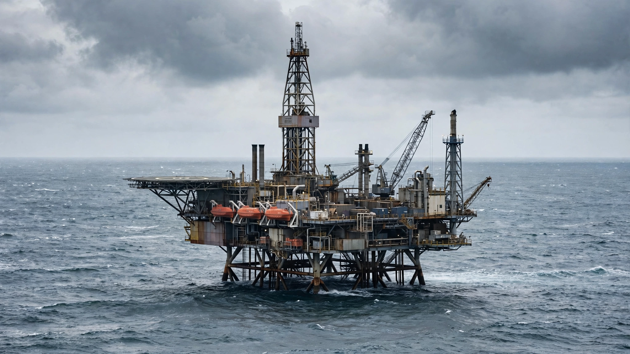 An offshore oil platform in the open sea under cloudy skies