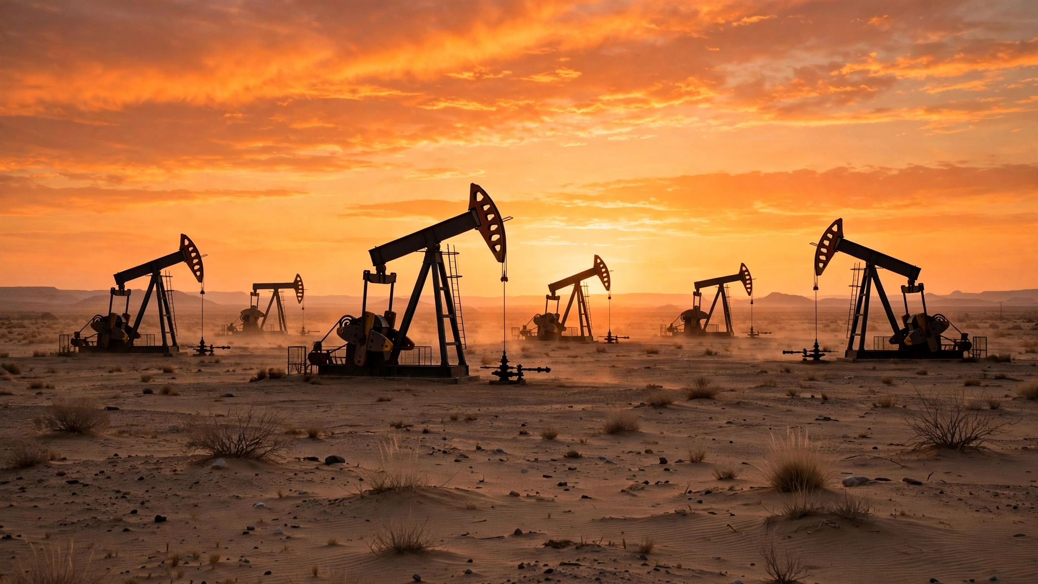 Oil pumpjacks silhouetted in a desert landscape at sunset
