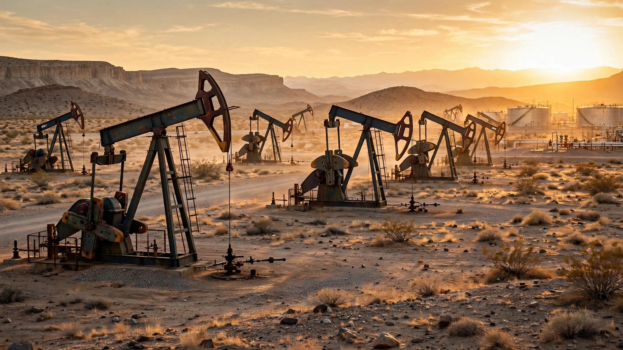 Oil pumpjacks working on a desert oil field at sunset with storage tanks in the distance
