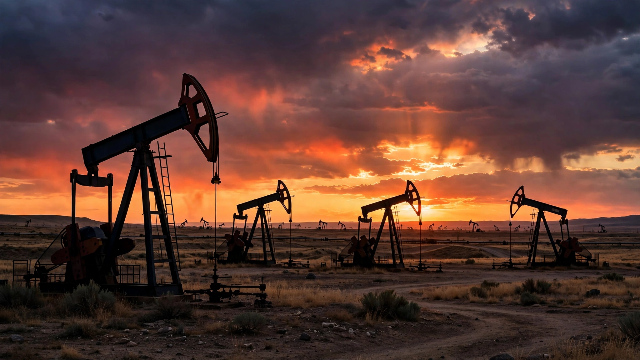 Oil pumpjacks silhouetted against a sunset sky in an oil field