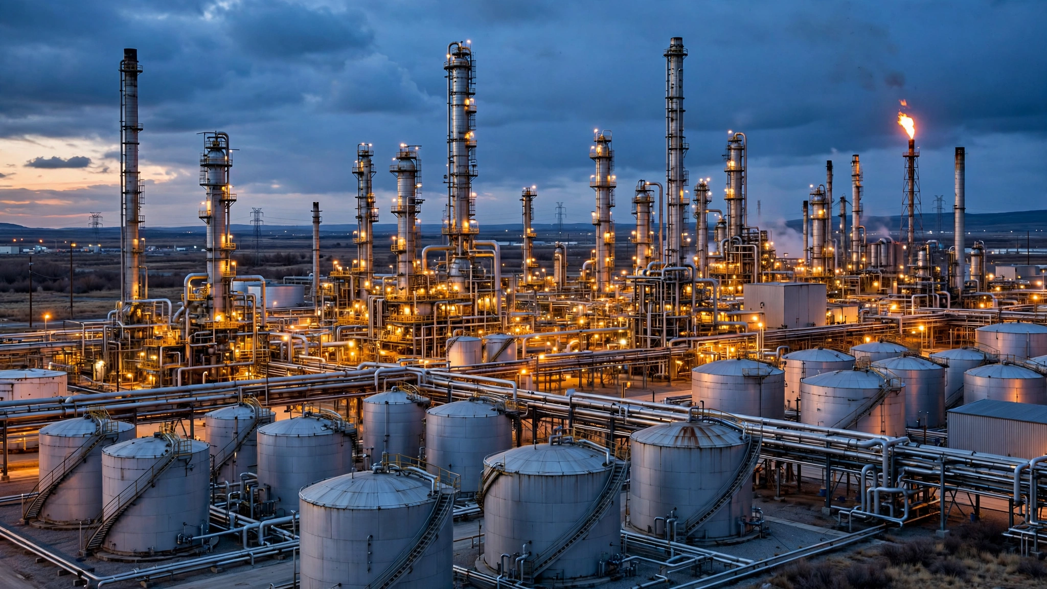 An oil refinery complex with distillation towers and storage tanks lit up at dusk