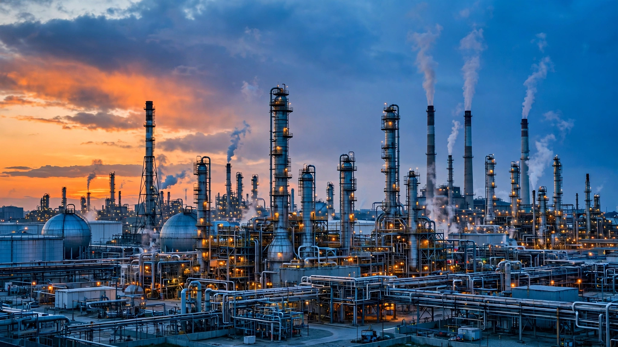 An oil refinery with distillation towers and smokestacks at dusk.
