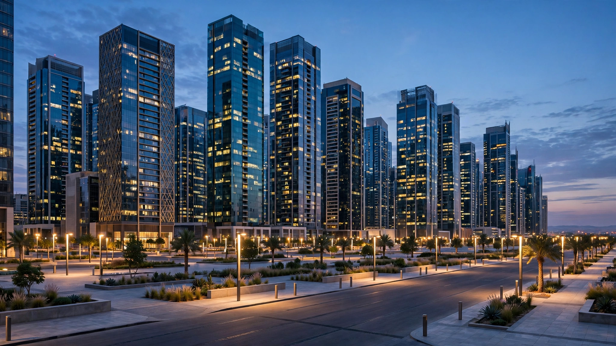 Glass skyscrapers of a Middle Eastern business district at dusk