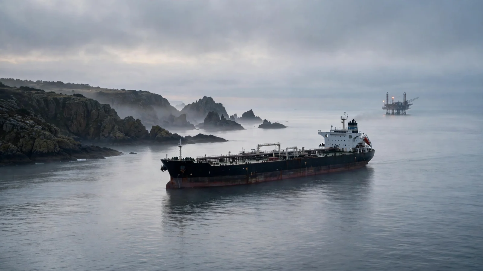 A large crude oil tanker anchored in calm water near a rocky coastline, with an offshore oil platform visible in the distance under an overcast sky.