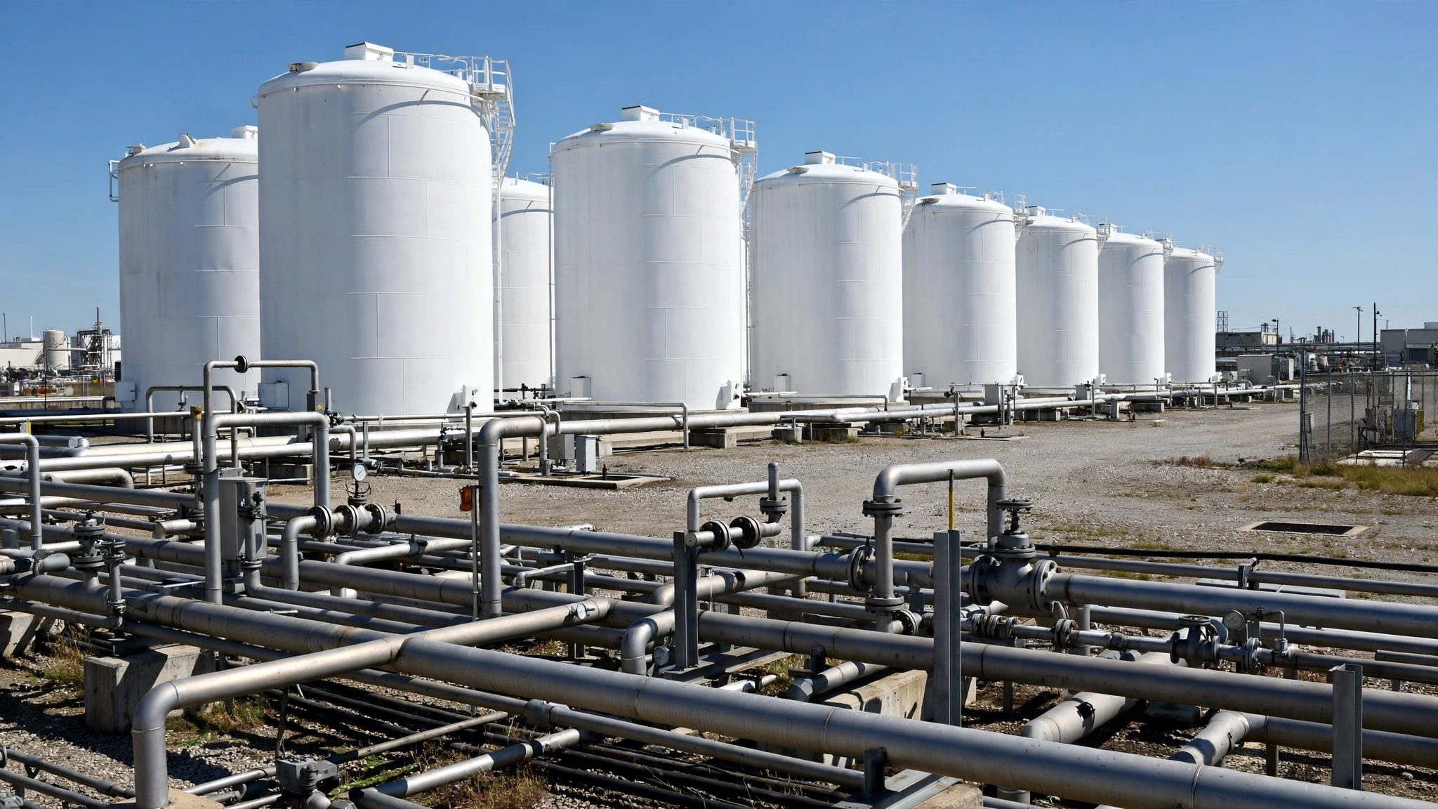 Rows of white oil storage tanks with pipelines at an industrial terminal
