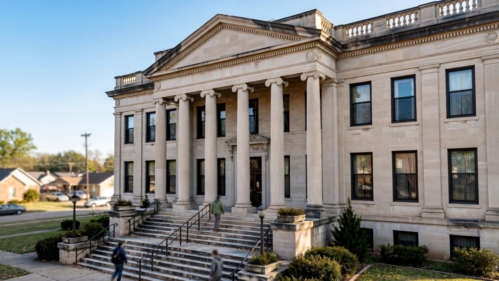 A stone courthouse with tall columns and front steps, with houses visible in the background under a clear sky