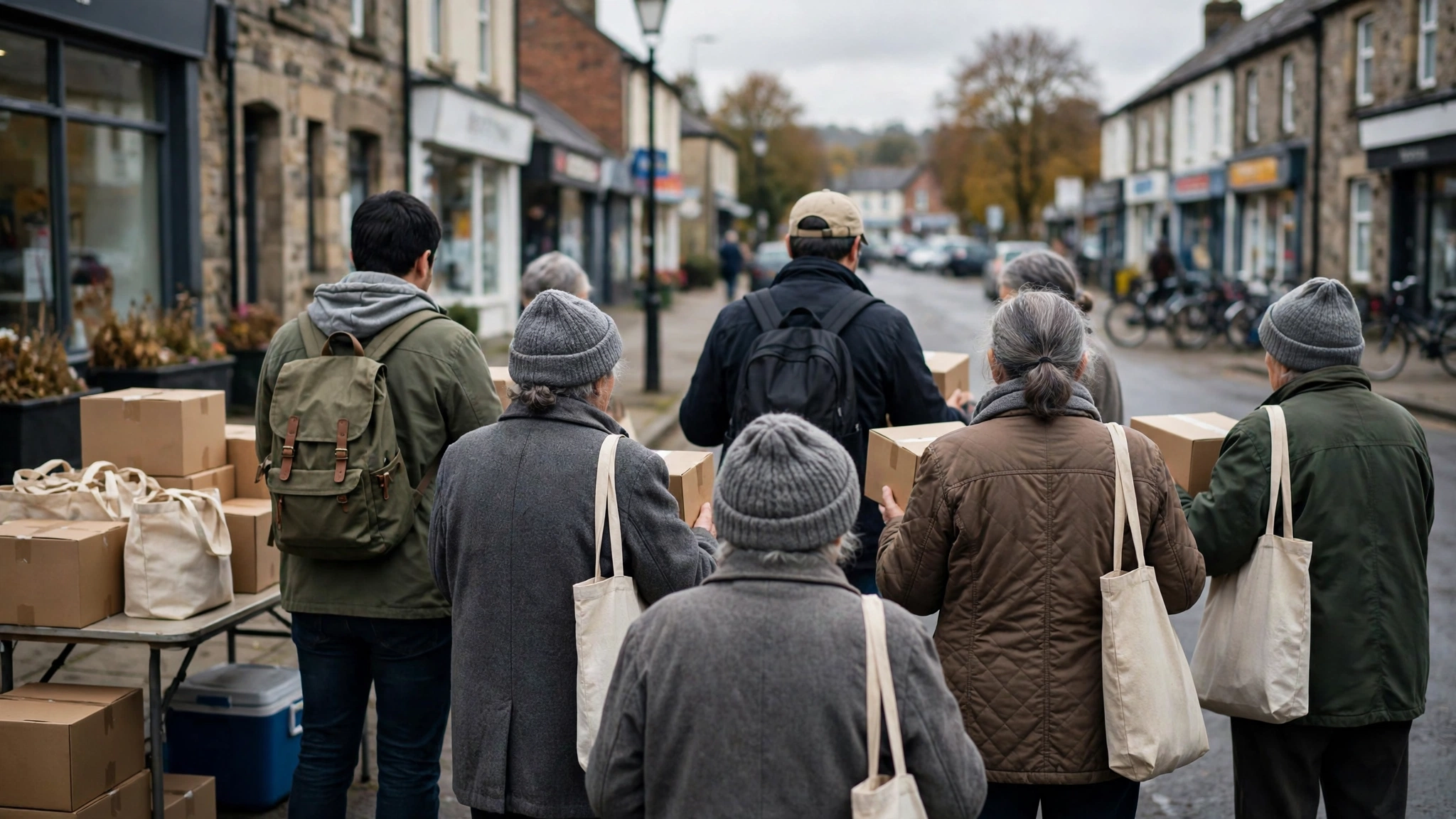 People seen from behind carrying cardboard boxes and cloth bags at an outdoor food distribution point on a town street