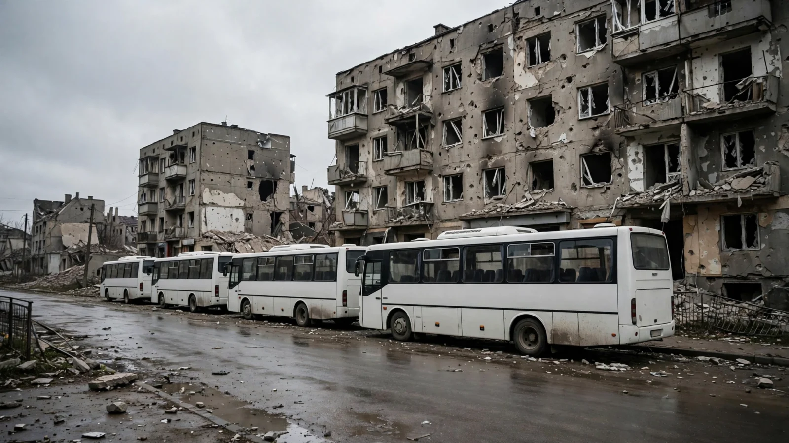 White buses parked on a wet road beside apartment buildings with broken windows and shell damage