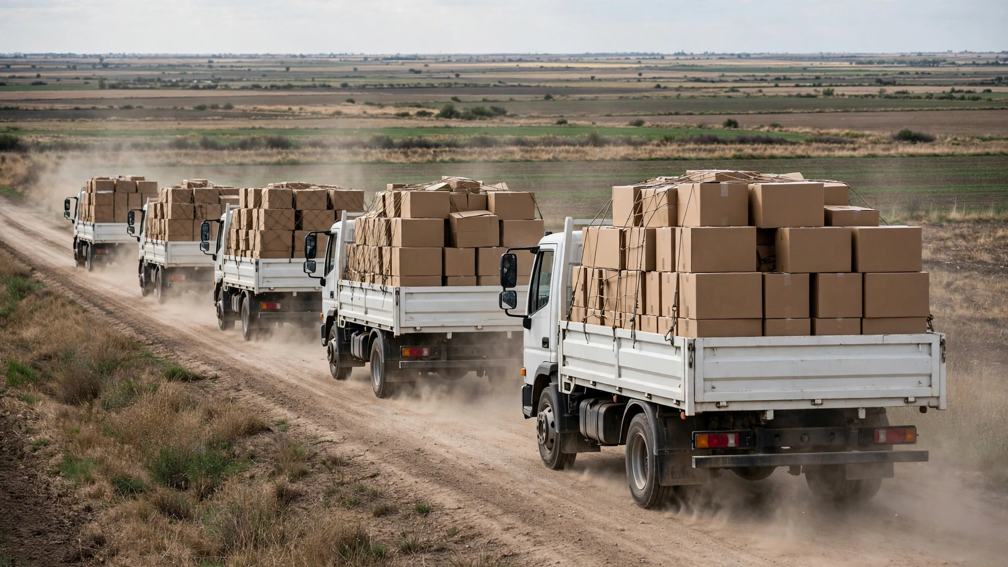 White trucks loaded with cardboard boxes driving in a convoy on a dirt road through farmland