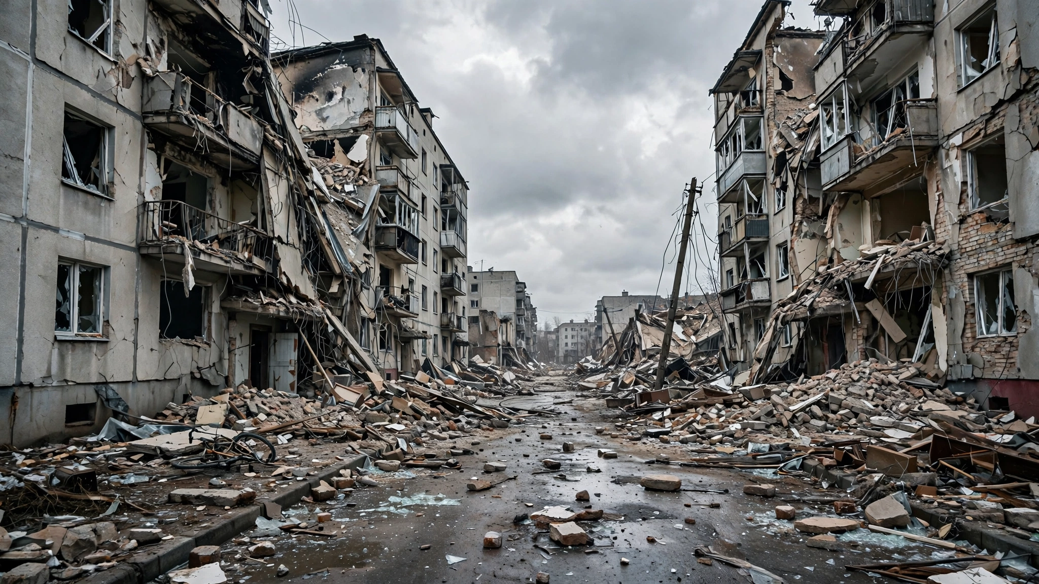 An empty street between heavily damaged apartment buildings, with rubble and broken glass on the road