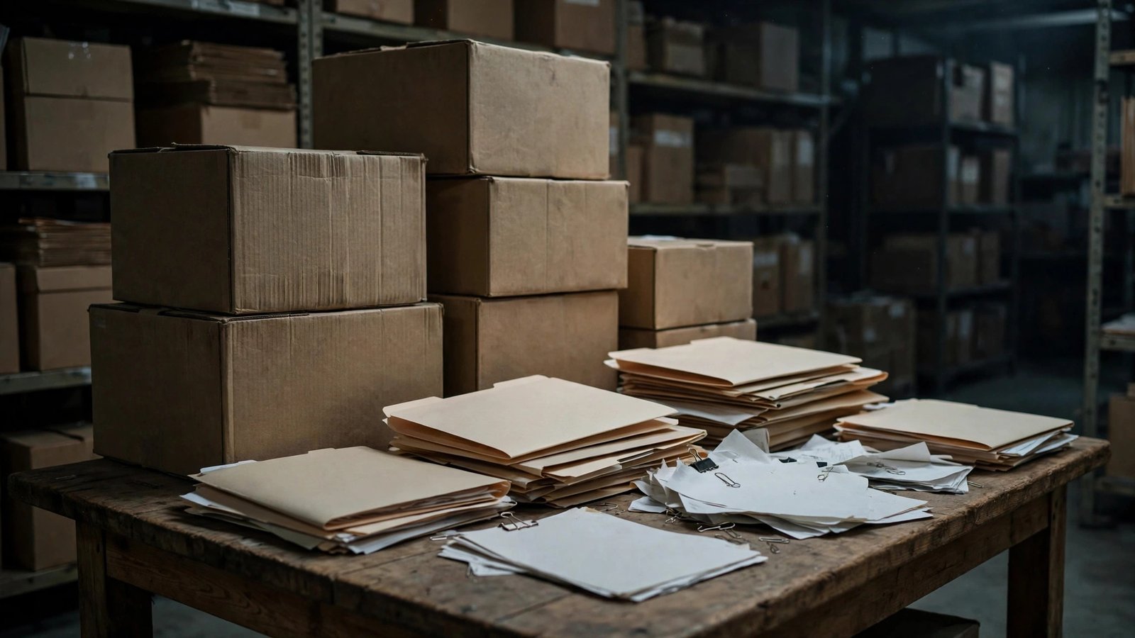 Cardboard file boxes and stacks of folders and papers in a records archive room.
