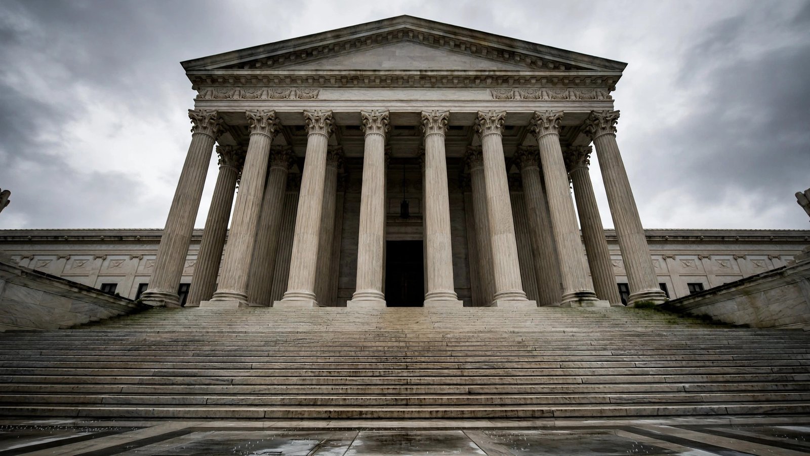 Neoclassical stone columns of a federal courthouse under an overcast sky.