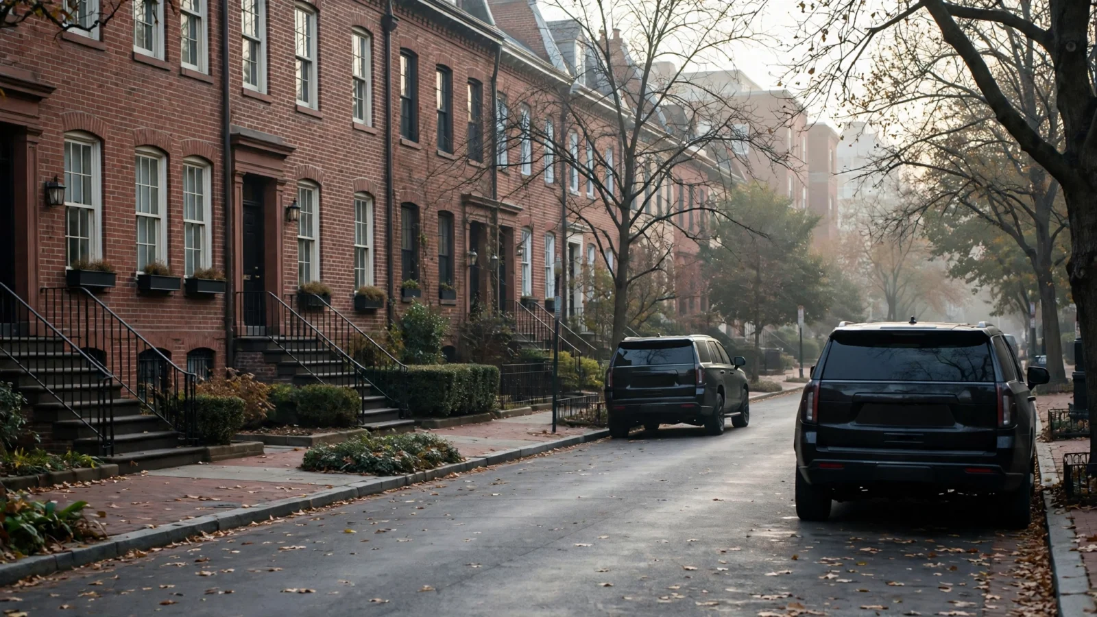A quiet residential street lined with brick row houses in Washington, D.C., with dark SUVs parked at the curb in early morning light.