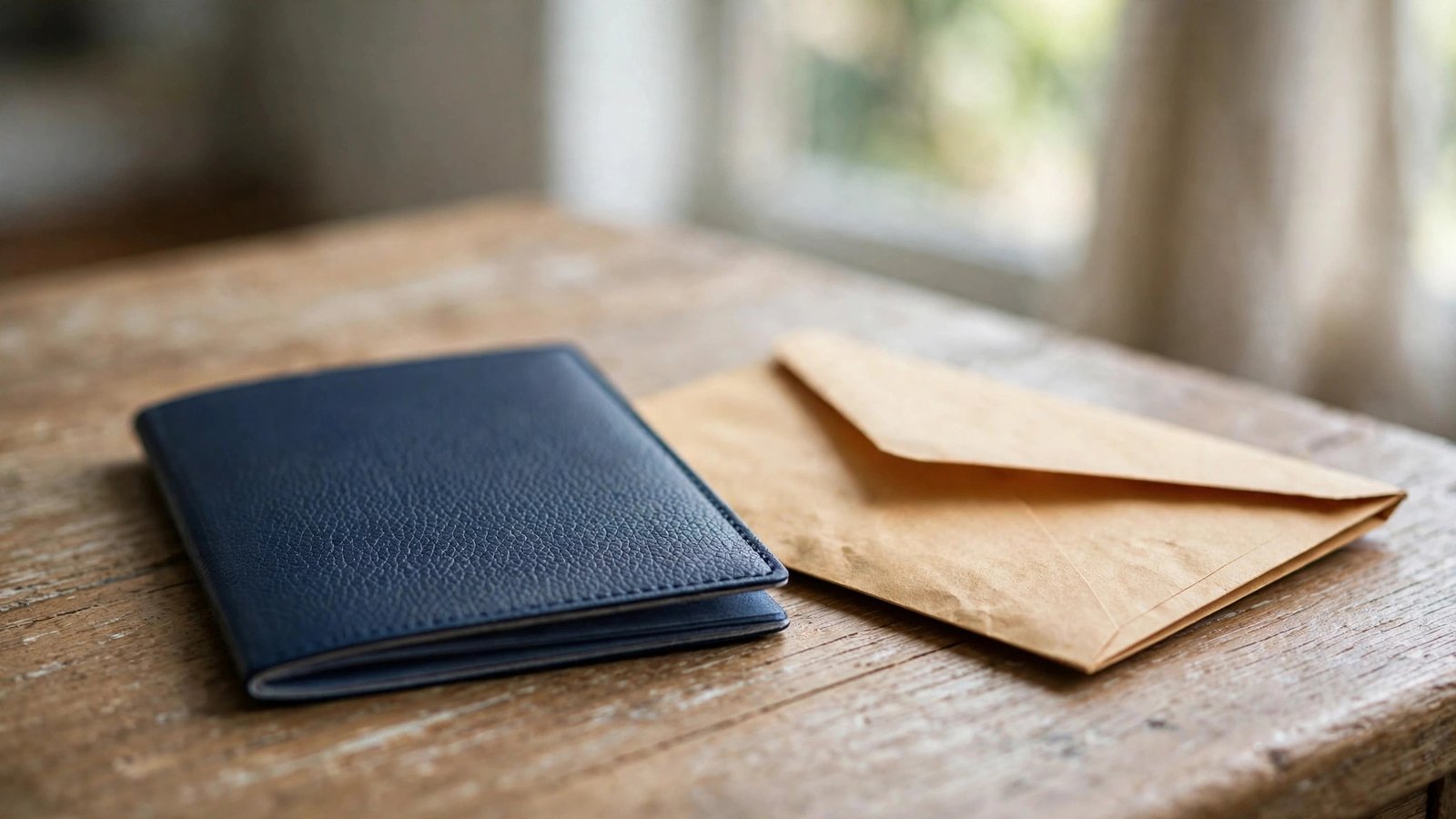 A closed dark blue passport booklet lying on a wooden desk next to a manila envelope.