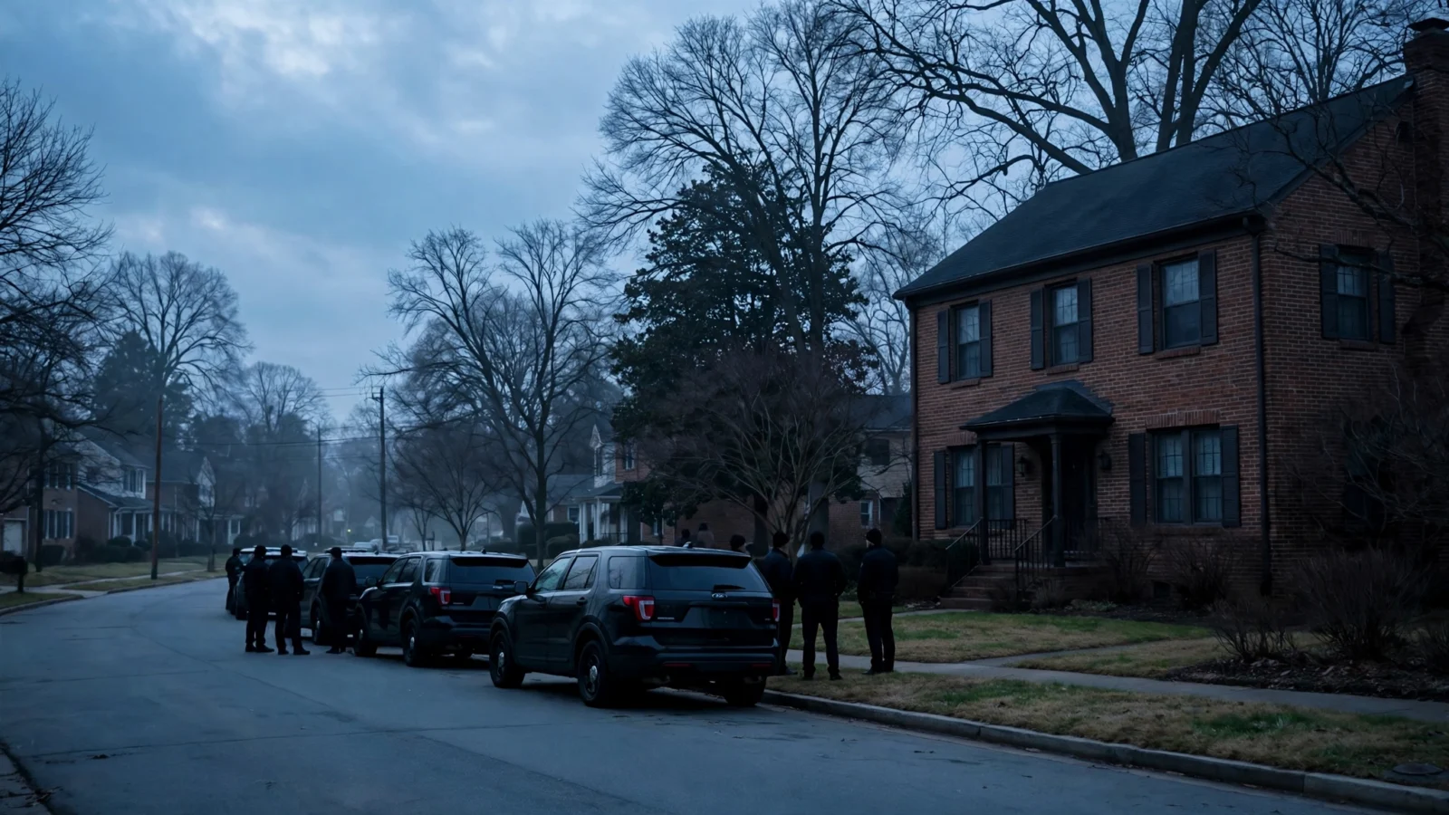 Law enforcement vehicles parked outside a brick house on a suburban street at dawn, with officers in dark jackets standing nearby.